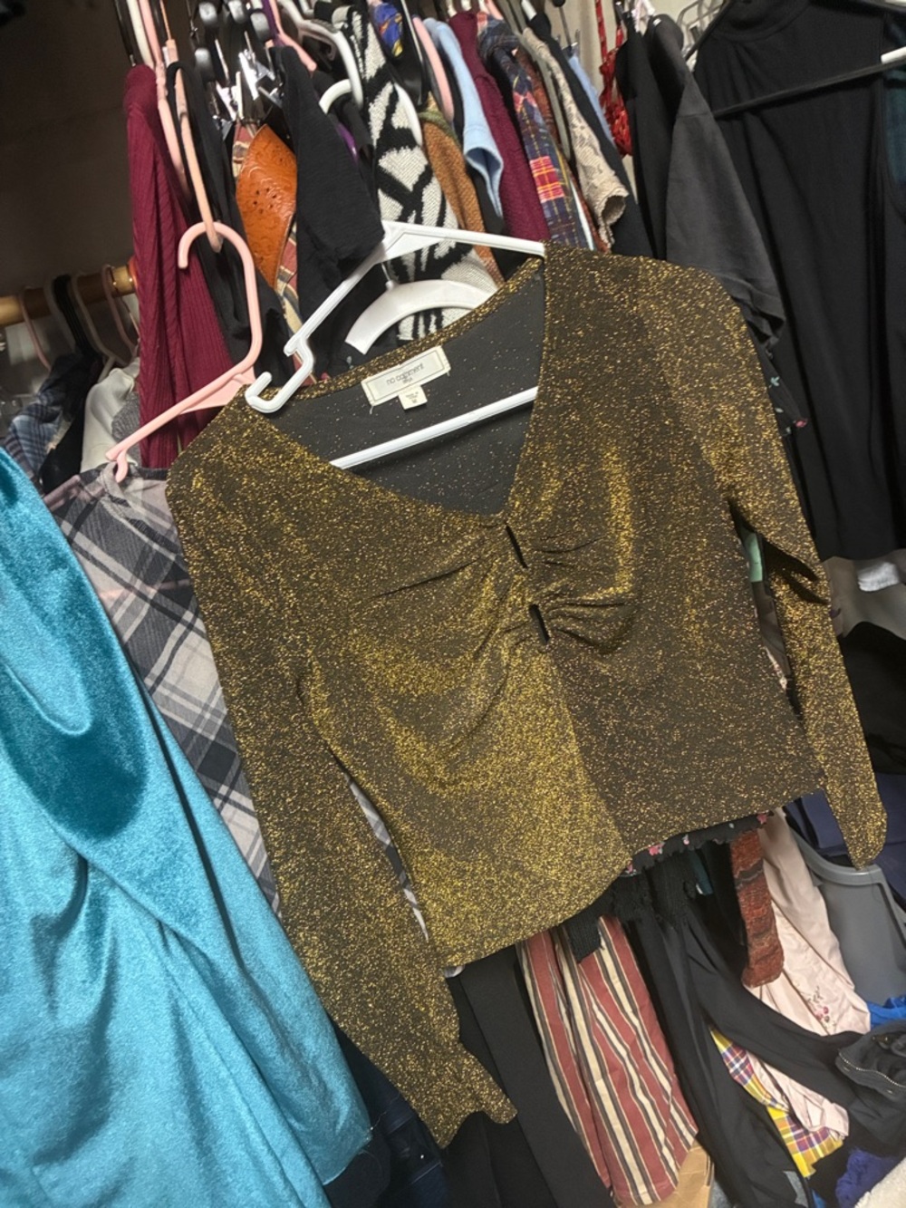 Metallic Gold Long-Sleeve Knot Front V-Neck Top